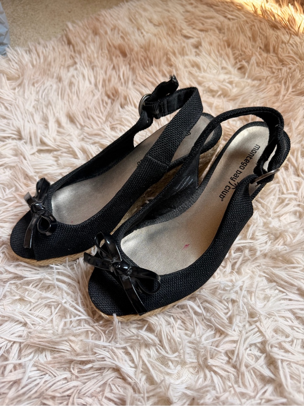 Montego Bay Club Black Peep-Toe Slingback Wedges with Bow Accent